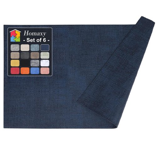 Homaxy Faux Leather Heat Resistant Placemats for Dining Table Set of 6, Waterproof Wipeable Washable PU Table Mats, Easy to Clean Anti-Slip Place Mats, 11.8" x 17", Navy Blue