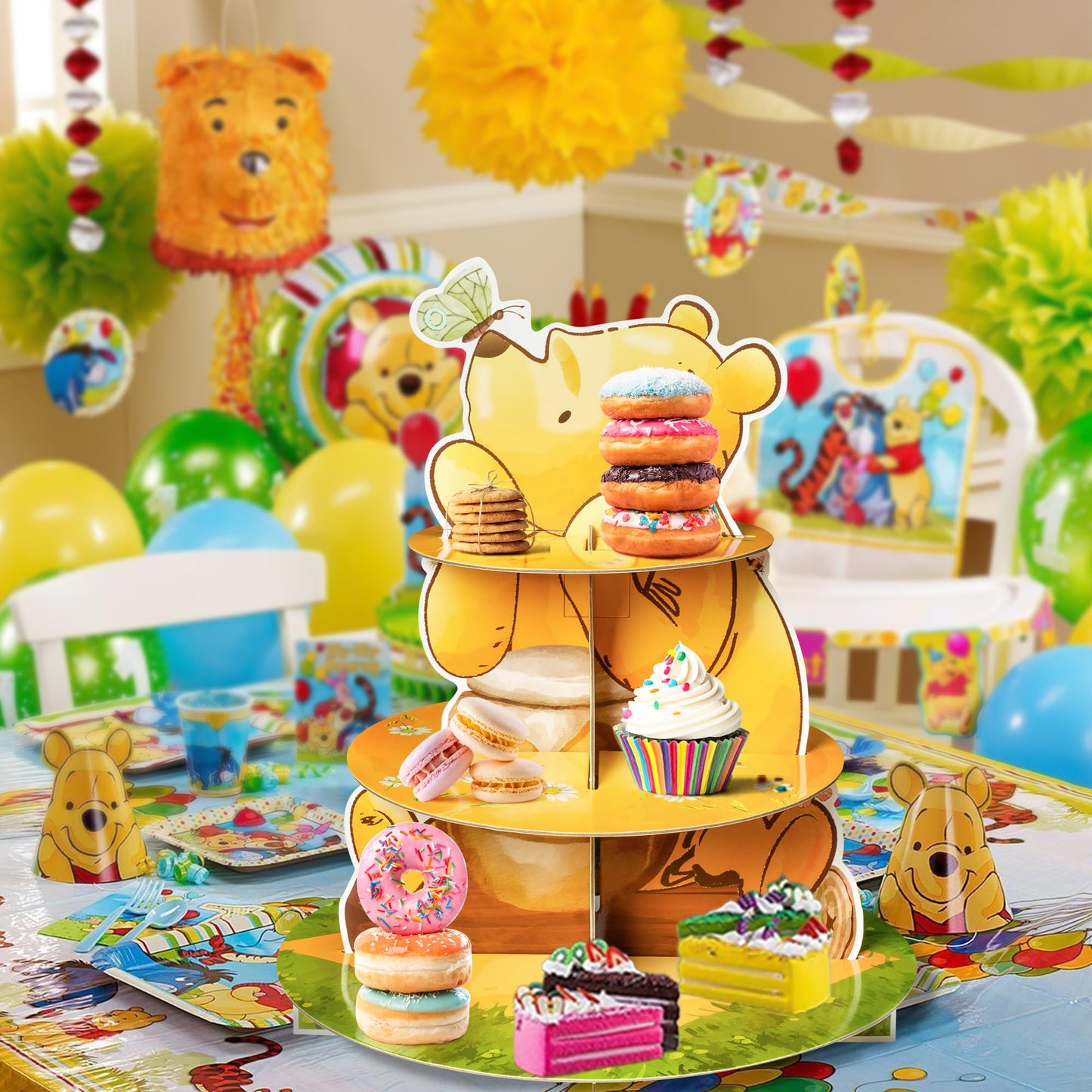 Z1juce Winnie Themed Cupcake Stand - 3 Tier Winnie Party Dessert Holder Bear Theme Cardboard Cake Stand for Birthday Party Decorations Bear Cupcake Display for Boys Girls Baby Shower Party Supplies