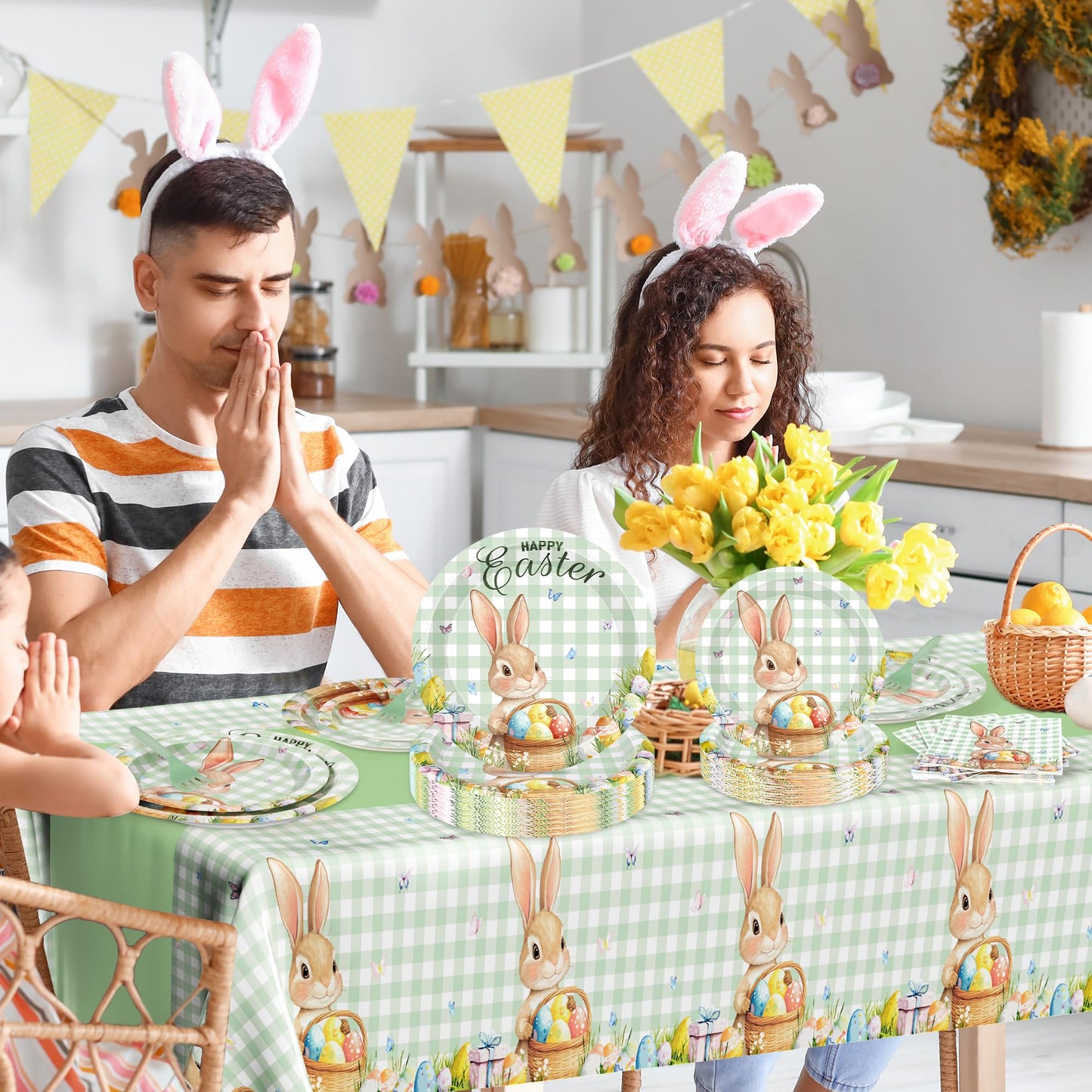 122 Pcs Easter Plates and Napkins Set, Disposable Bunny Eggs Dinnerware Easter Decorations, Sage Green Paper Plates, Napkins, Fork and Tablecloth for Spring Celebrations Party Favors, Serve 30 Guests
