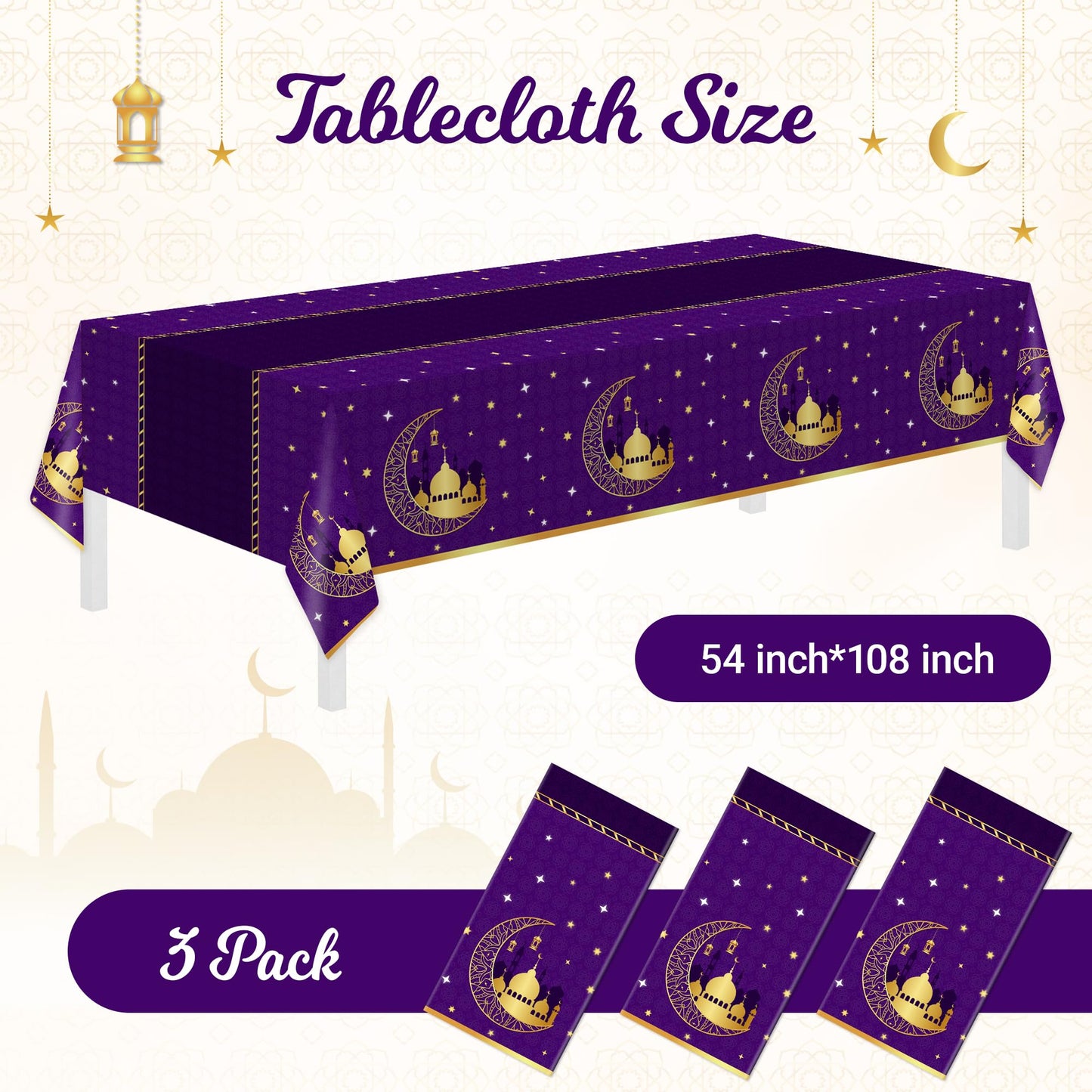 Childom 3 Pack Ramadan Table Cloth,Ramadan Decorations for Home,54" x 108" Eid Mubarak Decorations,Eid Ramadan Tablecloth Rectangular,Purple Plastic Table Cloth Disposable Table Cover for Party Favors