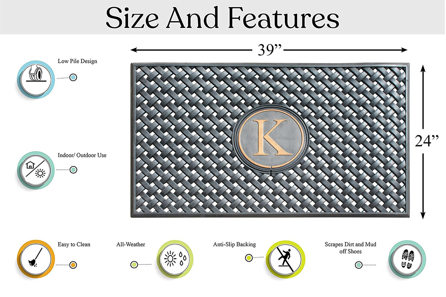 A1HC Large Monogrammed Door Mat, Natural Rubber, 24x39, Ideal for Any entryway, Scrapes Shoes Clean of Dirt & Grime, Door Mats for Entry, Patio, Busy Areas, Black