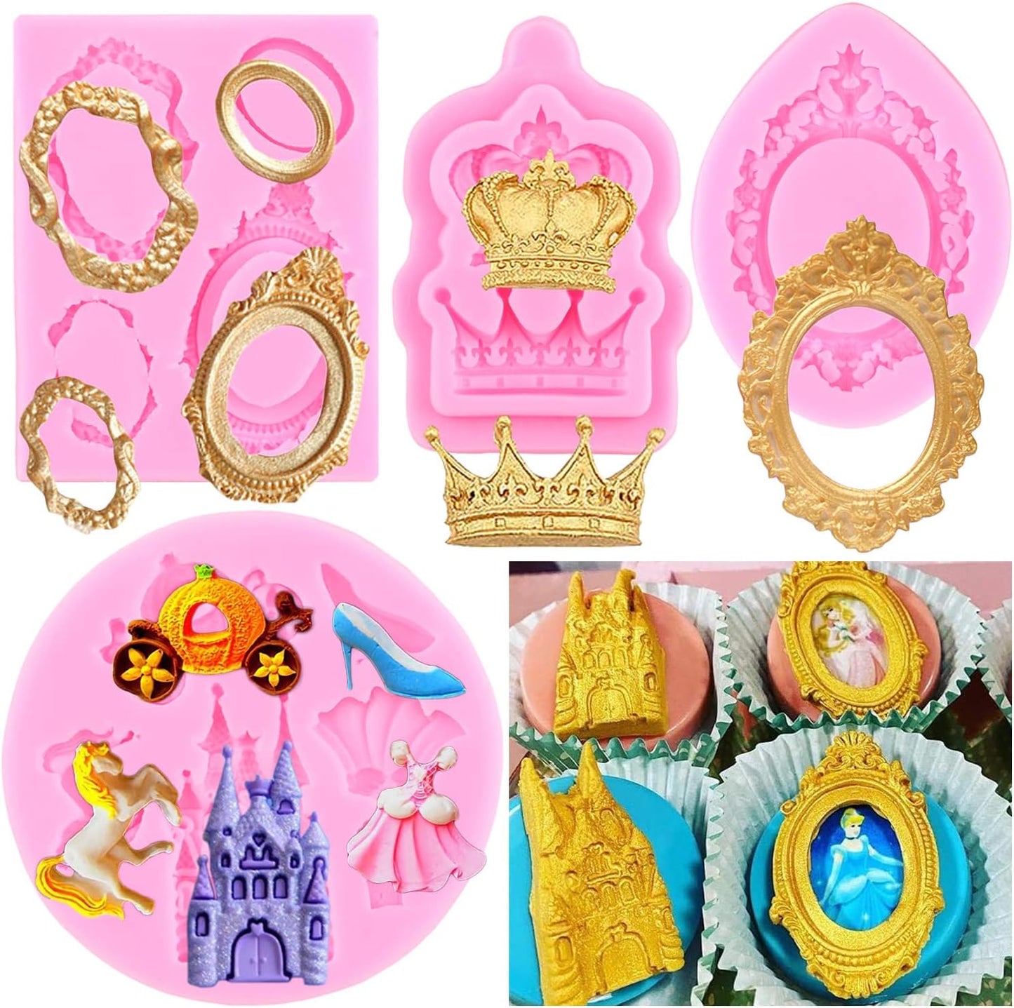 Skiennix Silicone Mold Set - Cinderella Fondant & Baroque Photo Frame Molds for Cake Decoration | Set of 4