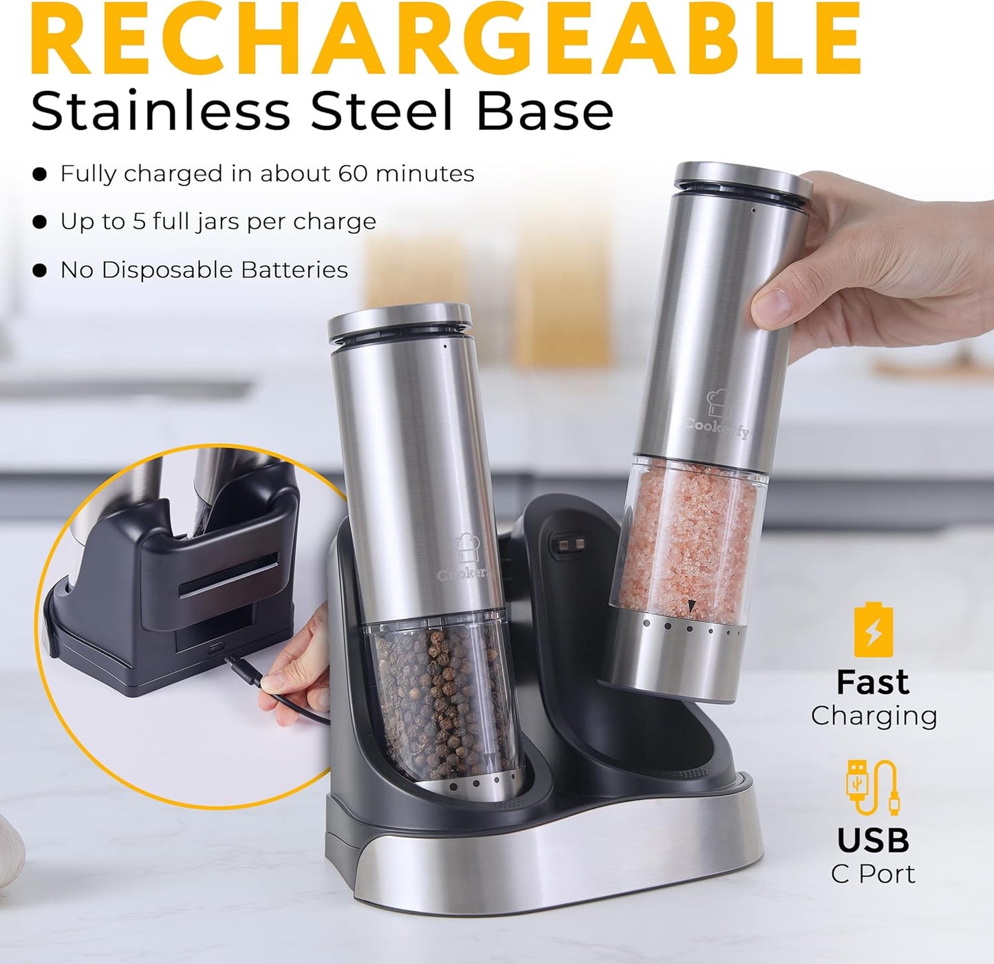 Skiennix Electric Salt and Pepper Grinder Set - Rechargeable, Stainless Steel, LED Light, 95ml Capacity