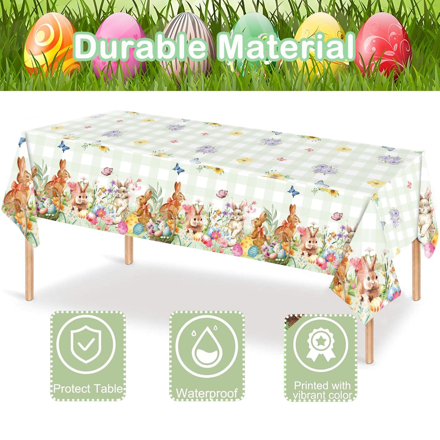 NovaHance 3 Pcs Easter Plastic Tablecloth, Happy Easter Bunny Table Cover, Disposable Rectangle Eggs Table Cloth for Spring Day Tables Decorations and Party Supplies, 54 x 108 Inch