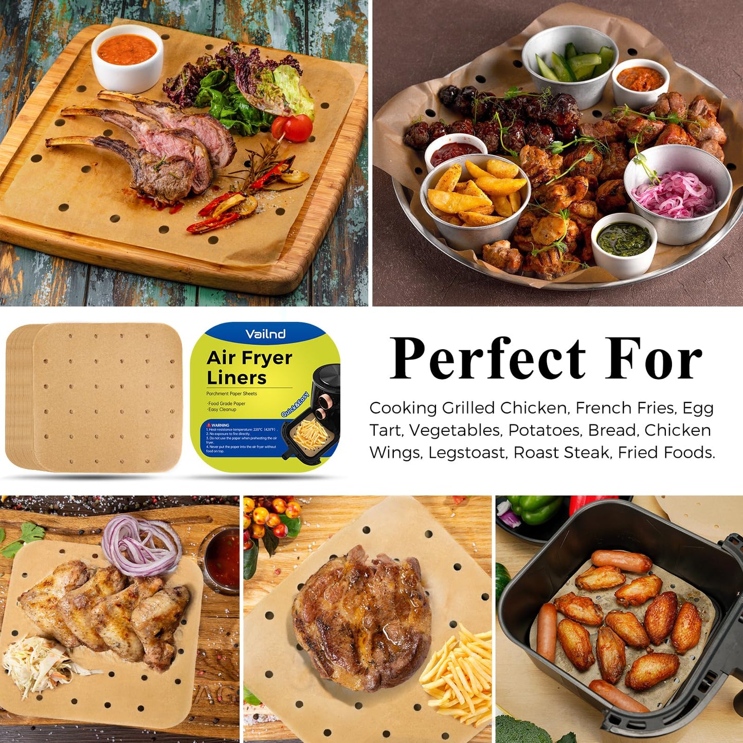 Vailnd Air Fryer Liners Disposable, 100pcs 8.5In Square Parchment Paper Sheets Unbleached, Perforated Food Steamer Liner for 5-8 Qt Air Fryers Baking Cooking Oven