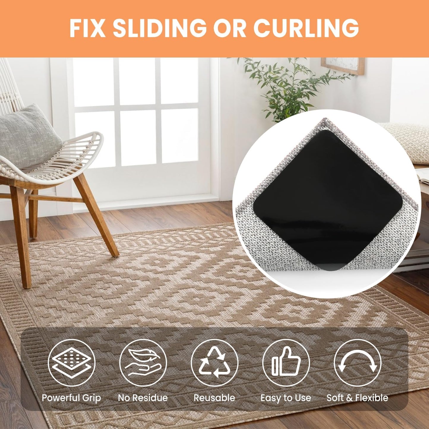 BAGAIL Non-Slip Rug Grippers - 4 Reusable Double-Sided Adhesive Corner Pads for Hardwood & Tile Floors | 4x4in