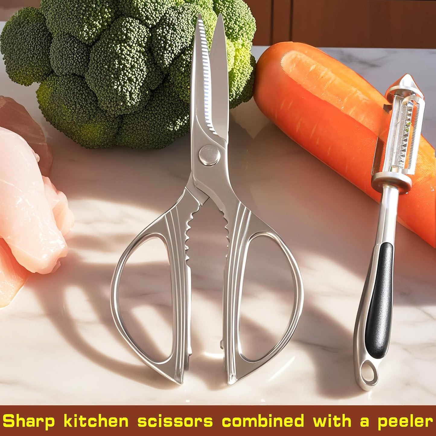 Skiennix Stainless Steel Kitchen Shears - Heavy Duty All-Purpose Scissors for Meat & Vegetables | 8 Inch, Dishwasher Safe