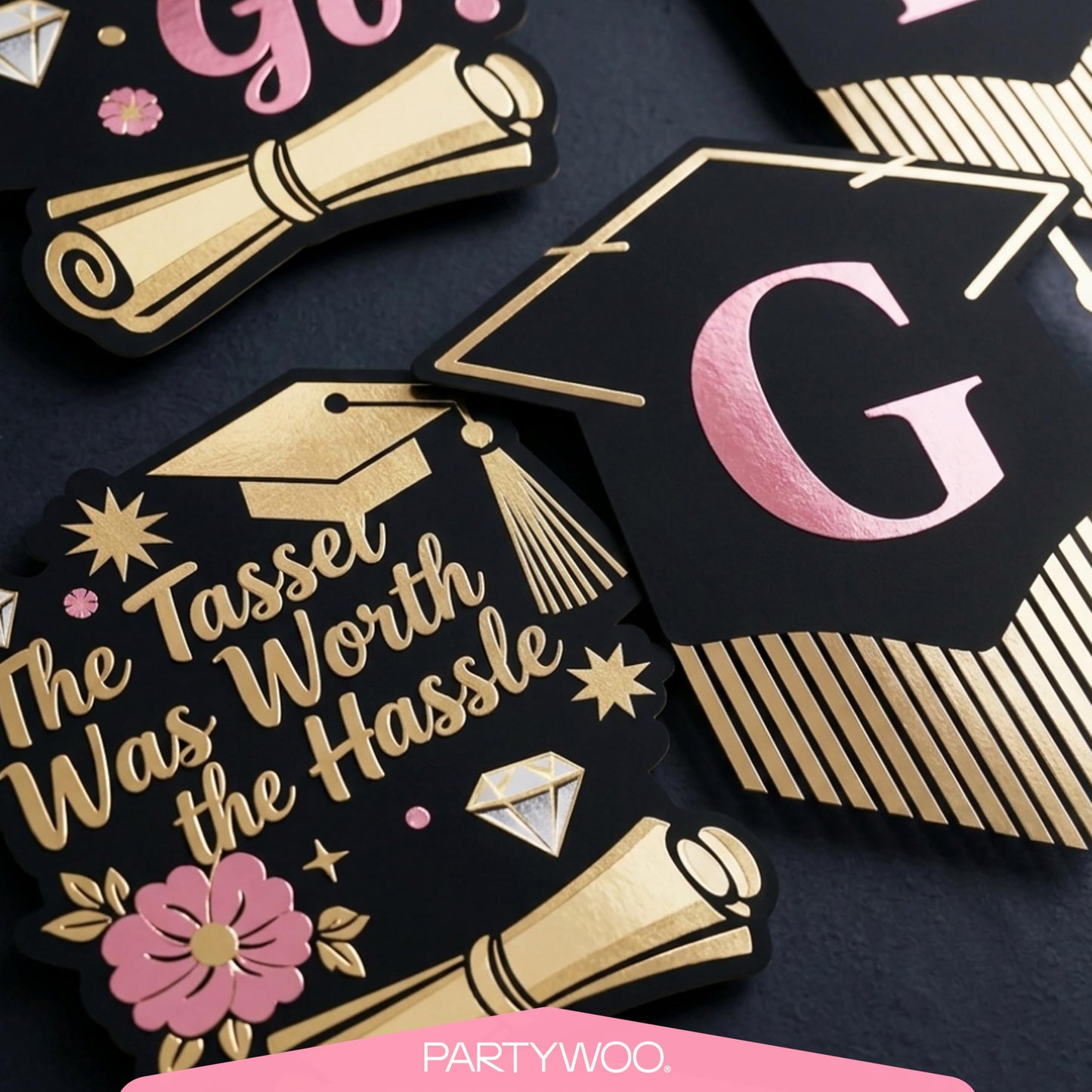 PartyWoo Graduation Decorations Class of 2026 Black Gold Pink 19pcs Grad Party Supplies with Congrats 2026 Grad Banner Hanging Swirls Foil Balloons Graduation Cap Centerpieces Party Decorations