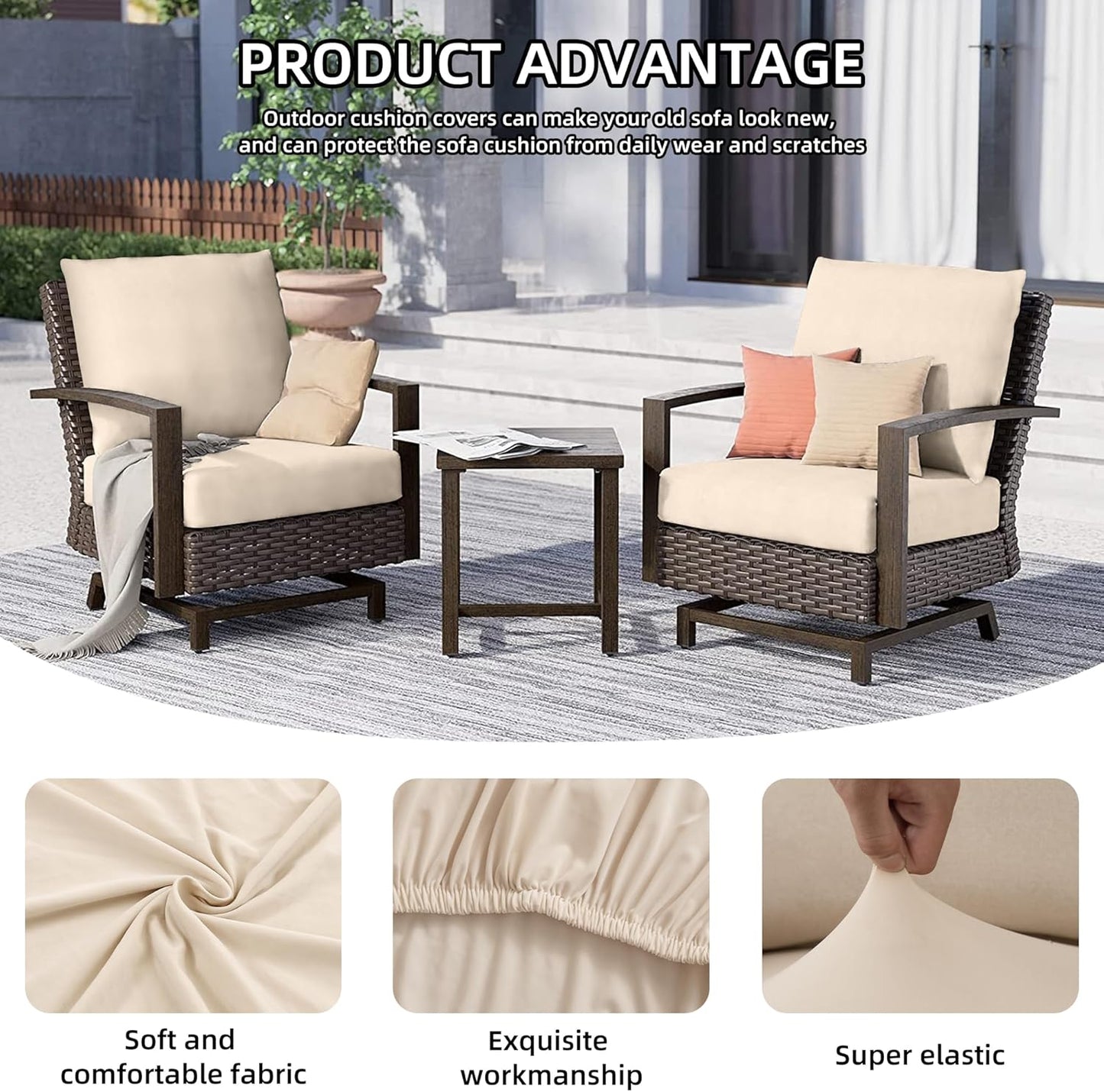 Skiennix Outdoor Cushion Covers - Washable & Reusable Stretch Slipcovers for Patio Furniture | Beige, 8 Pcs