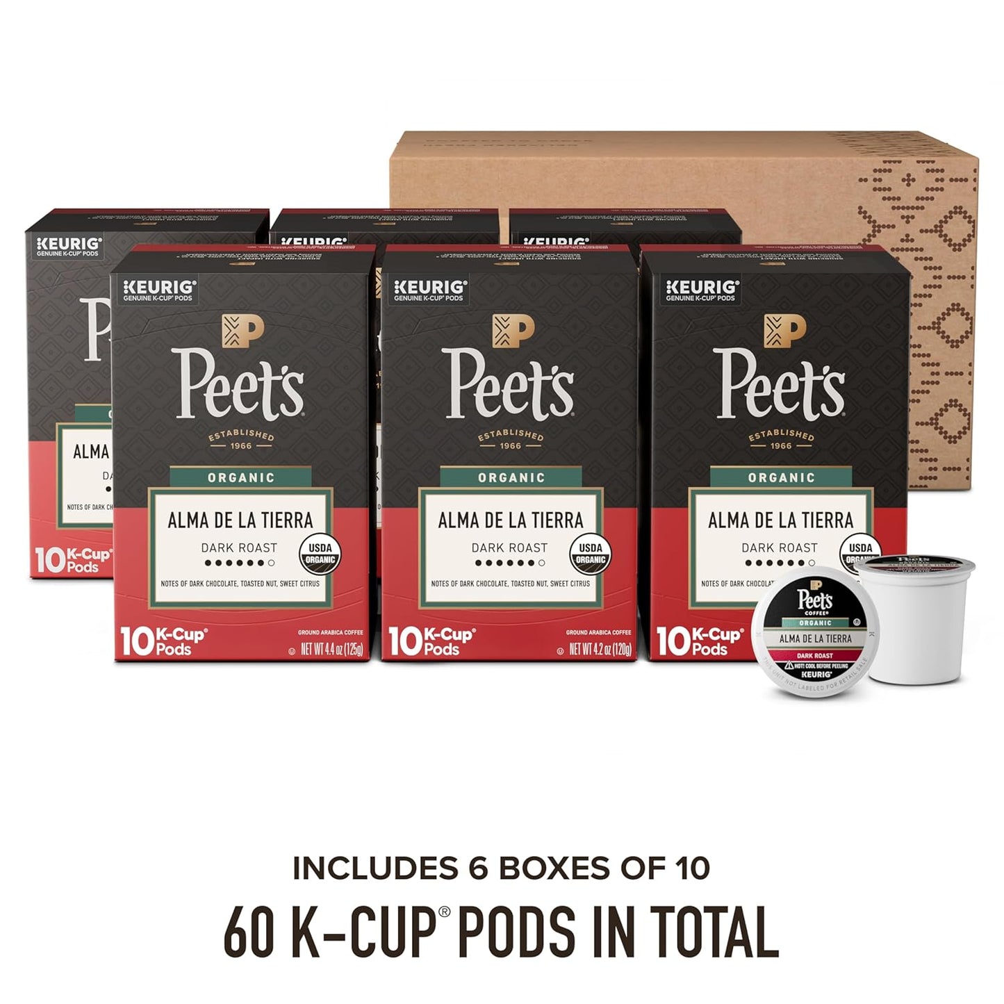 Peet's Coffee Organic Dark Roast K-Cup Pods - 100% Arabica Alma de la Tierra, 60 Count (6 Boxes of 10 Pods)