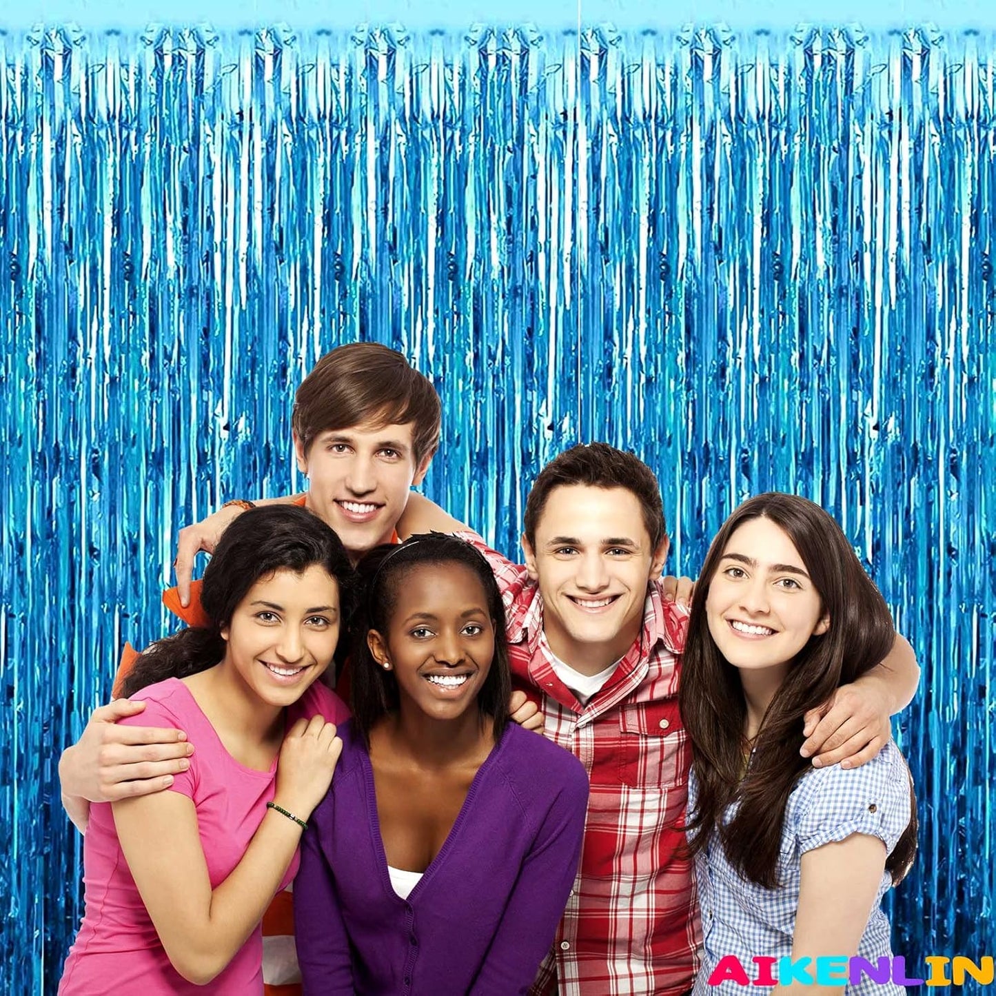 Lake Blue Foil Fringe Curtain Backdrop by [Brand Name] - 4 Pack Metallic Tinsel Streamers | 3.2Ft x 9.8Ft for Parties & Events
