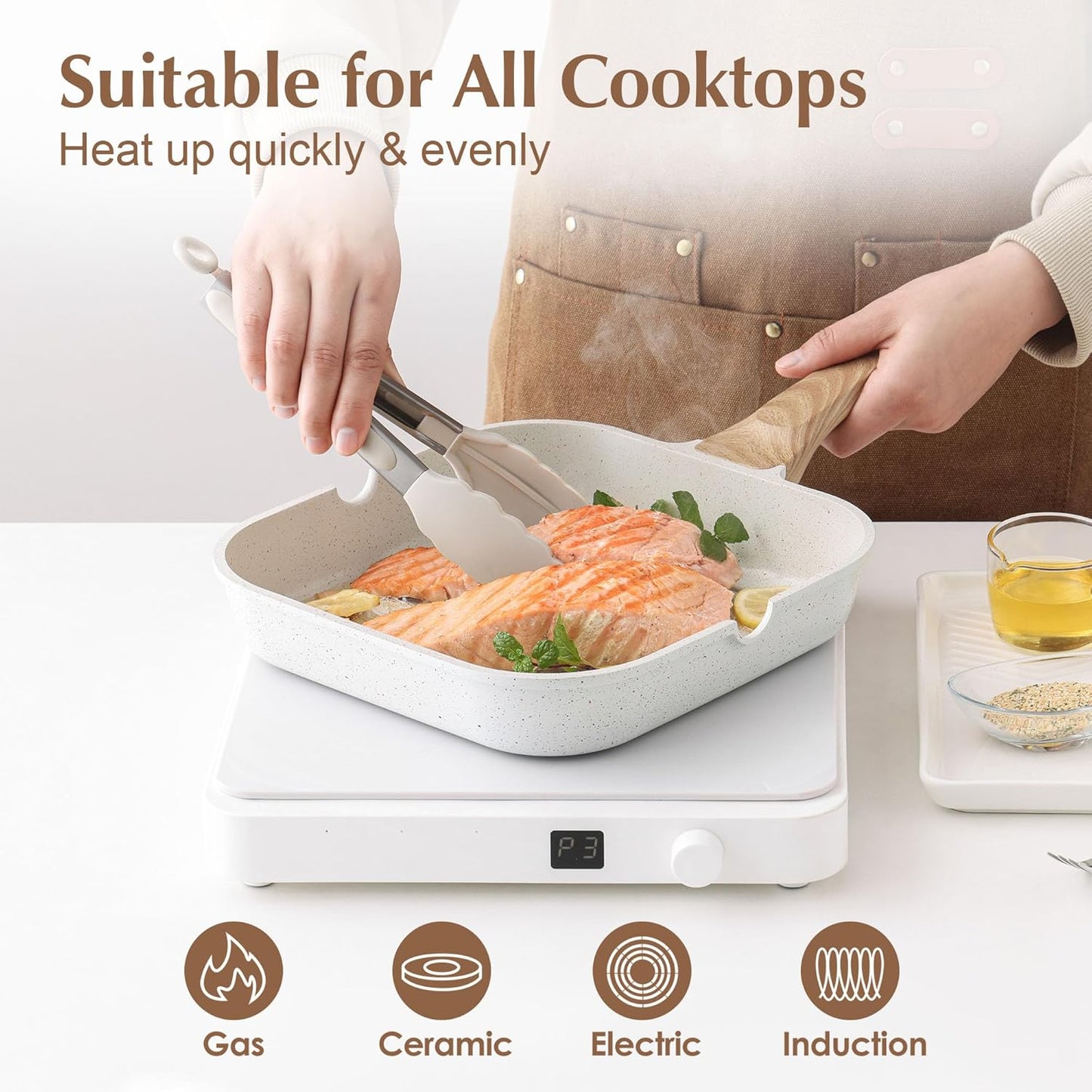 SENSARTE Nonstick Ceramic Grill Pan - Versatile 9.5-Inch Square Skillet for All Stoves | Durable & Non-Toxic