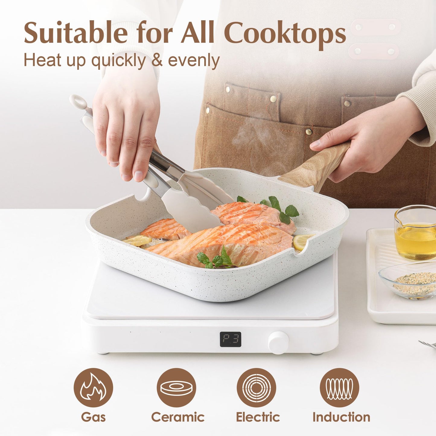 SENSARTE Nonstick Ceramic Grill Pan for Stove Tops, Versatile Square Grilling Pan with Pour Spouts, Durable Grill Skillet for All Stoves(Gas,Electric,Induction) Non Toxic-PTFE,PFAS,PFOA Free, 9.5Inch