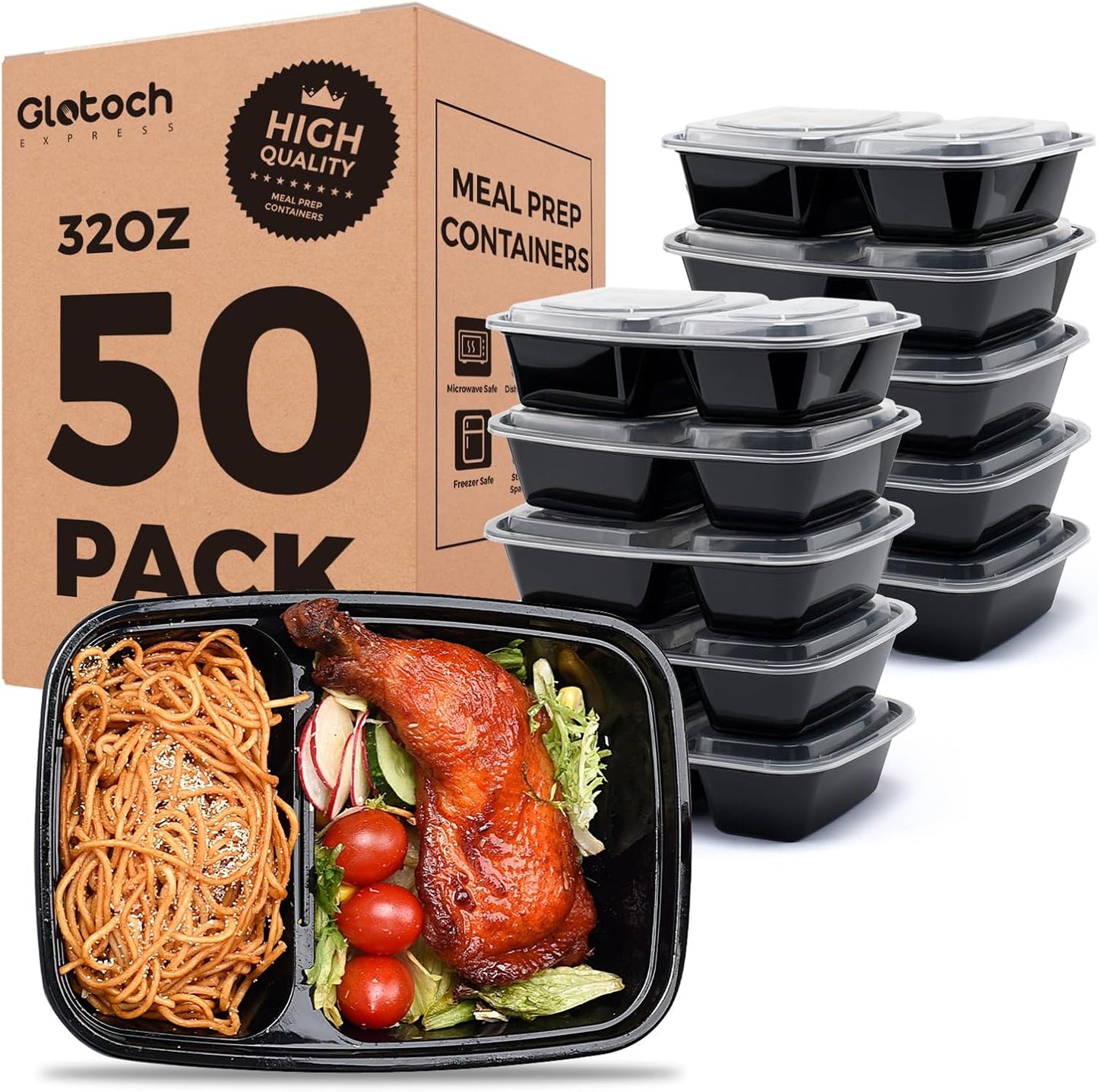 Regine Switzerland 32 oz Meal Prep Containers - 50 Pack Leakproof 2-Compartment Plastic Storage | Microwave & Dishwasher Safe