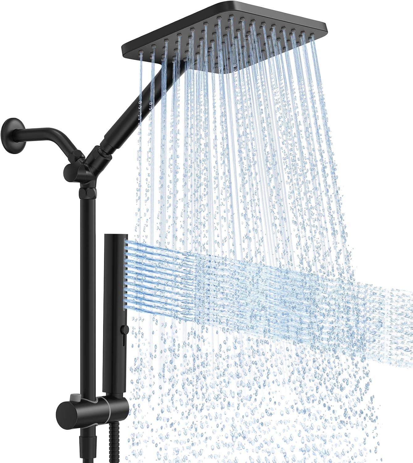 Skiennix High Pressure Rain Shower Head - 10 Inch Square Rainfall Combo with Handheld, 3 Spray Modes, Matte Black