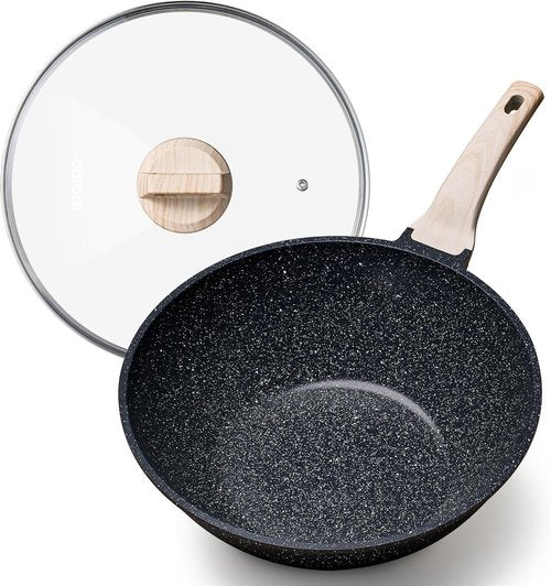 CAROTE Non-Stick Wok - 12'' Granite Stir-Fry Pan with Lid | 5.3QT Induction Cookware
