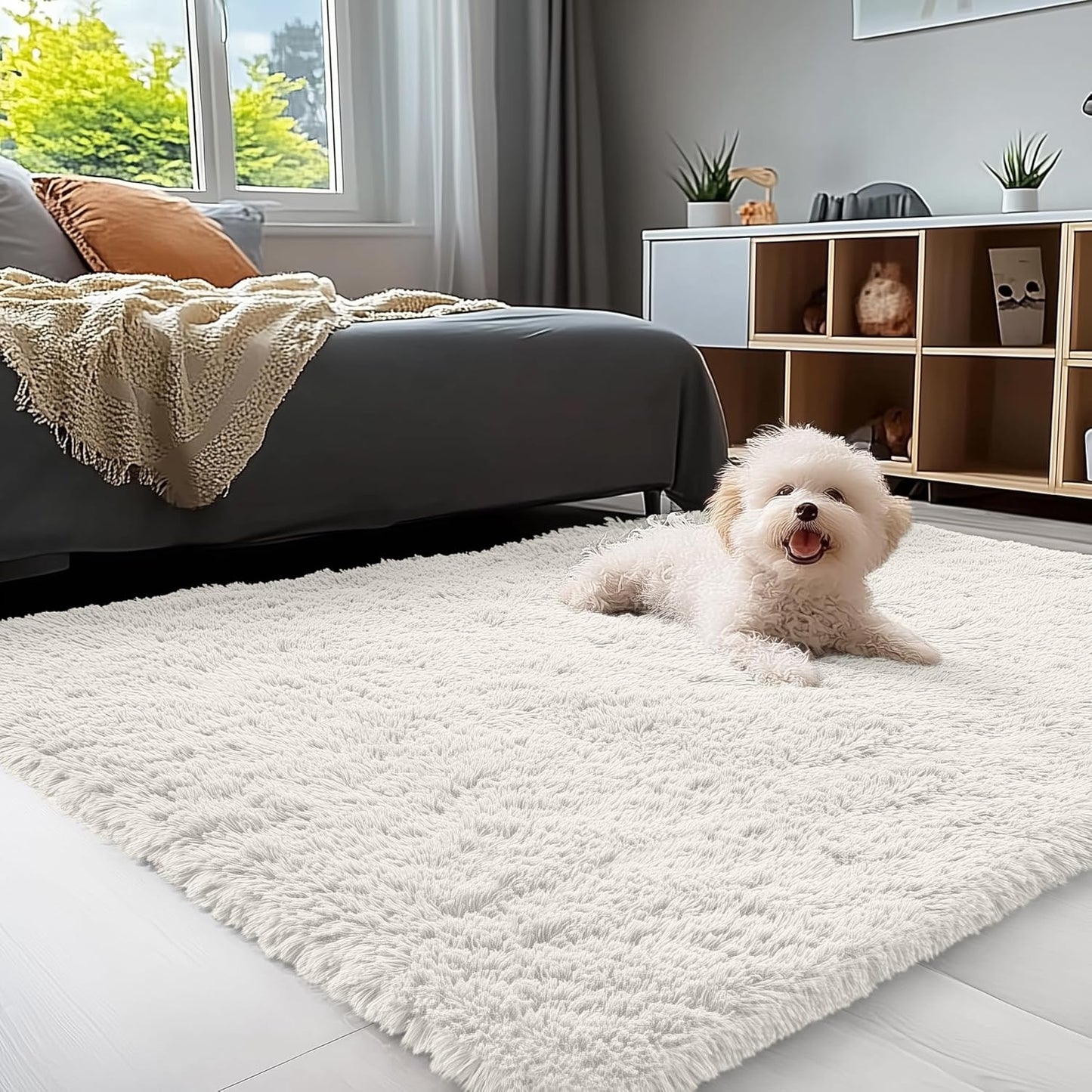 OLANLY Area Rug - Soft Fluffy Shaggy Design for Living Room & Bedroom | Machine Washable Ivory 4x7 ft