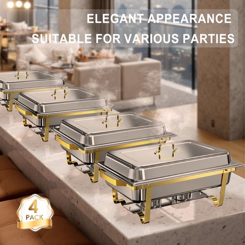 Chafing Dishes for Buffet 4 Pack, 11QT Square [Large Size and Sturdy] Stainless Steel Food Warmers for Parties Buffet [Elegant Gold and Silver Colors] Catering Supplies Buffet Display