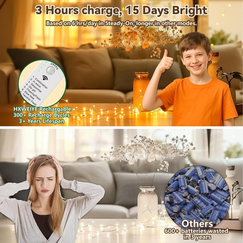 HXWEIYE Fairy Lights - Rechargeable 16FT Twinkle String Lights with Timer & 8 Modes | 50 LED Warm White Decor