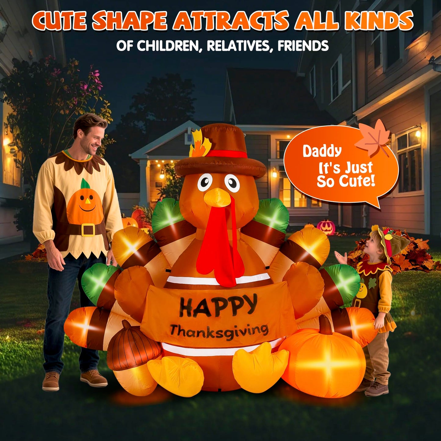 Loninak 6 Ft Thanksgiving Inflatable Decoration, Happy Thanksgiving Turkey Built-in LED Lights, Outdoor Blow Up Yard Fun Decor, for 2025 Halloween Lawn Decor