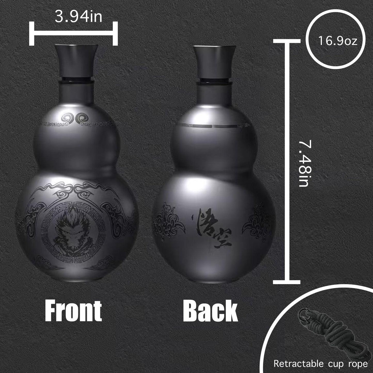 nurdewn Stainless Steel Gourd Water Bottle 16.9oz Insulated Drinking Gourd Bottle for Black Myth Wukong Fans, Vintage Style Leak-Proof Water Jug with Strap, 316 Steel Hot & Cold Flask (Black)