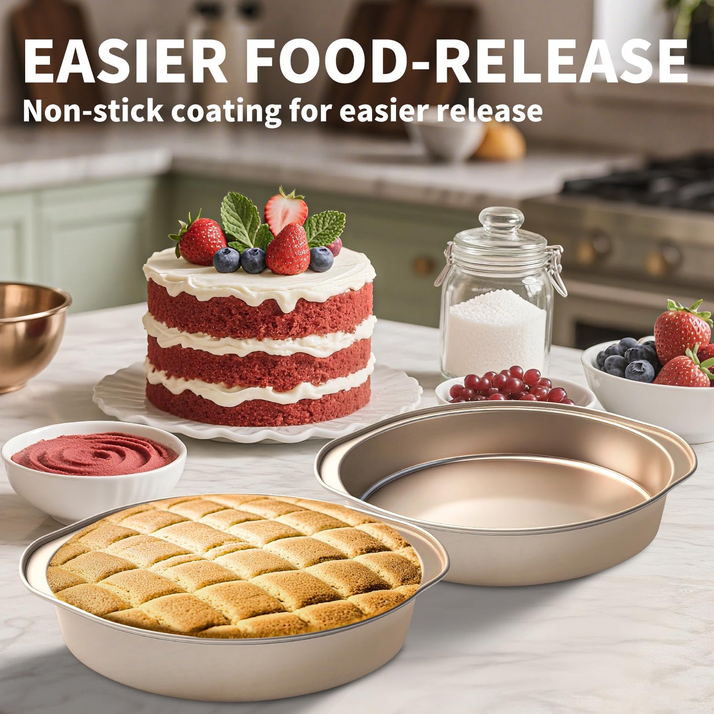 8 Inch Cake Pans, 3PCS Nonstick Round Baking Pans with 50PCS Parchment Papers, Durable Birthday Circle Cake Baking Pan with Handle for Multi-Layer Cakes, Dishwasher Safe (Gold, 8 inch)