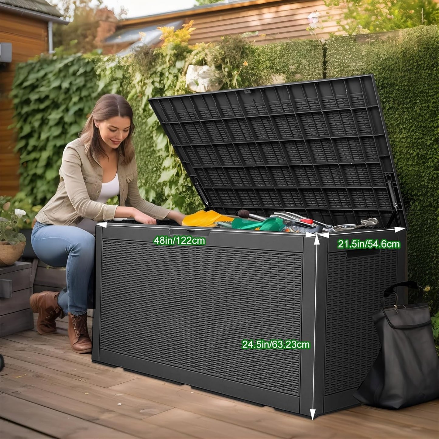 Skiennix 100 Gallon Outdoor Deck Box - Lockable Waterproof Storage for Garden Tools & Cushions | Black