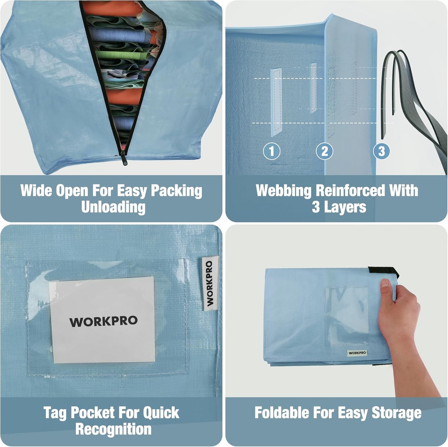 WORKPRO Extra Large Moving Bags - Heavy-Duty Storage Totes with Zippers & Backpack Straps | Dusty Blue, 6 Pack