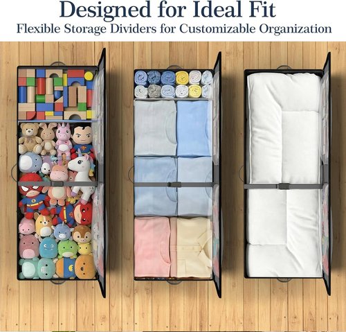 GoMaihe Under Bed Storage - 70L Rolling Bins for Wrapping Paper, Toys & Clothes | Includes Mesh Bag & Adjustable Dividers, Grey
