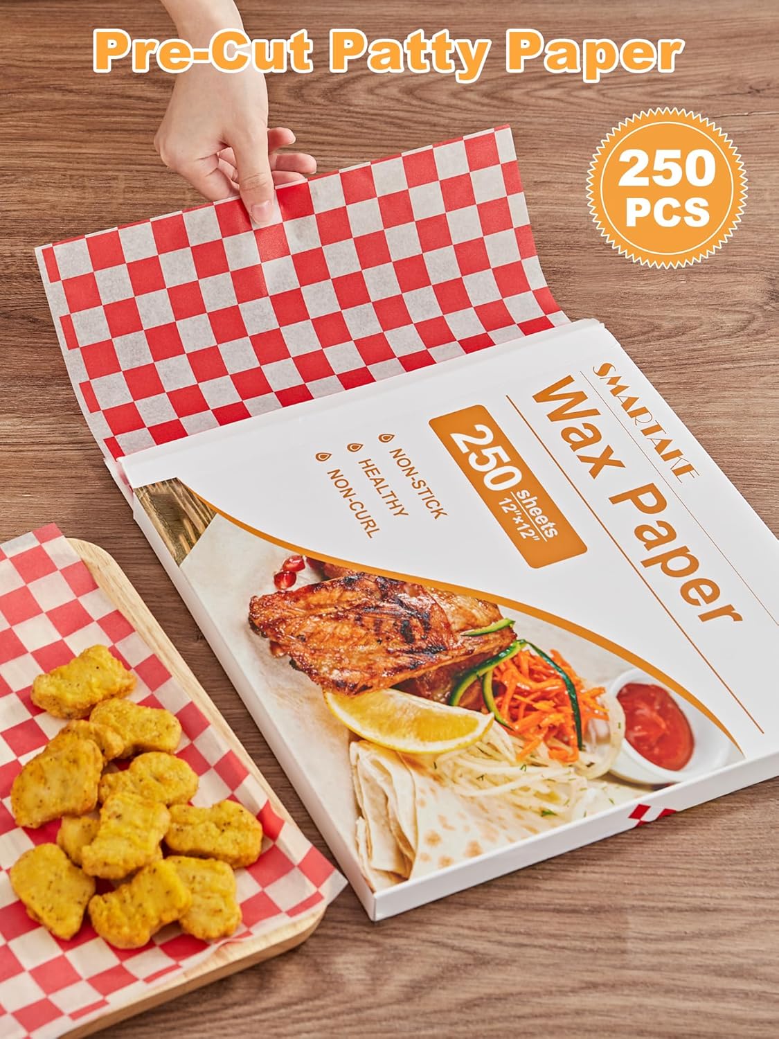 SMARTAKE 12 x 12 Inches Wax Paper - 250 Pcs Non-Stick Hamburger Patty Paper | Ideal for Lunch, BBQs & Parties