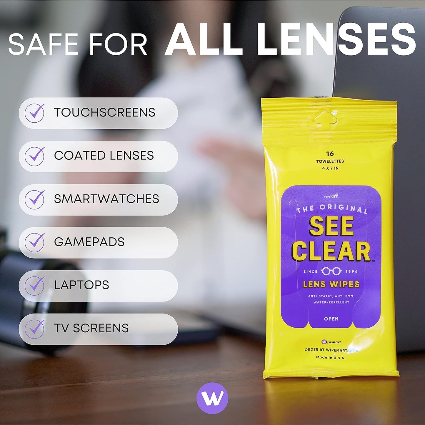 See Clear Lens Cleaning Wipes - Streak-Free Pre-Moistened Towelettes for Eyeglasses & Screens | 192 Wipes in 12 Resealable Packs