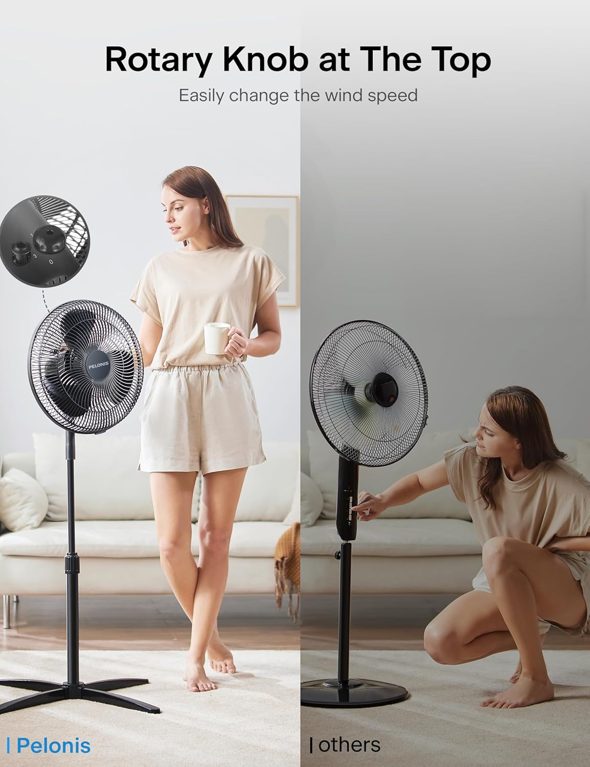 Pelonis 16-Inch Oscillating Pedestal Fan - 3 Speeds, 90° Oscillation, Adjustable Height - Black