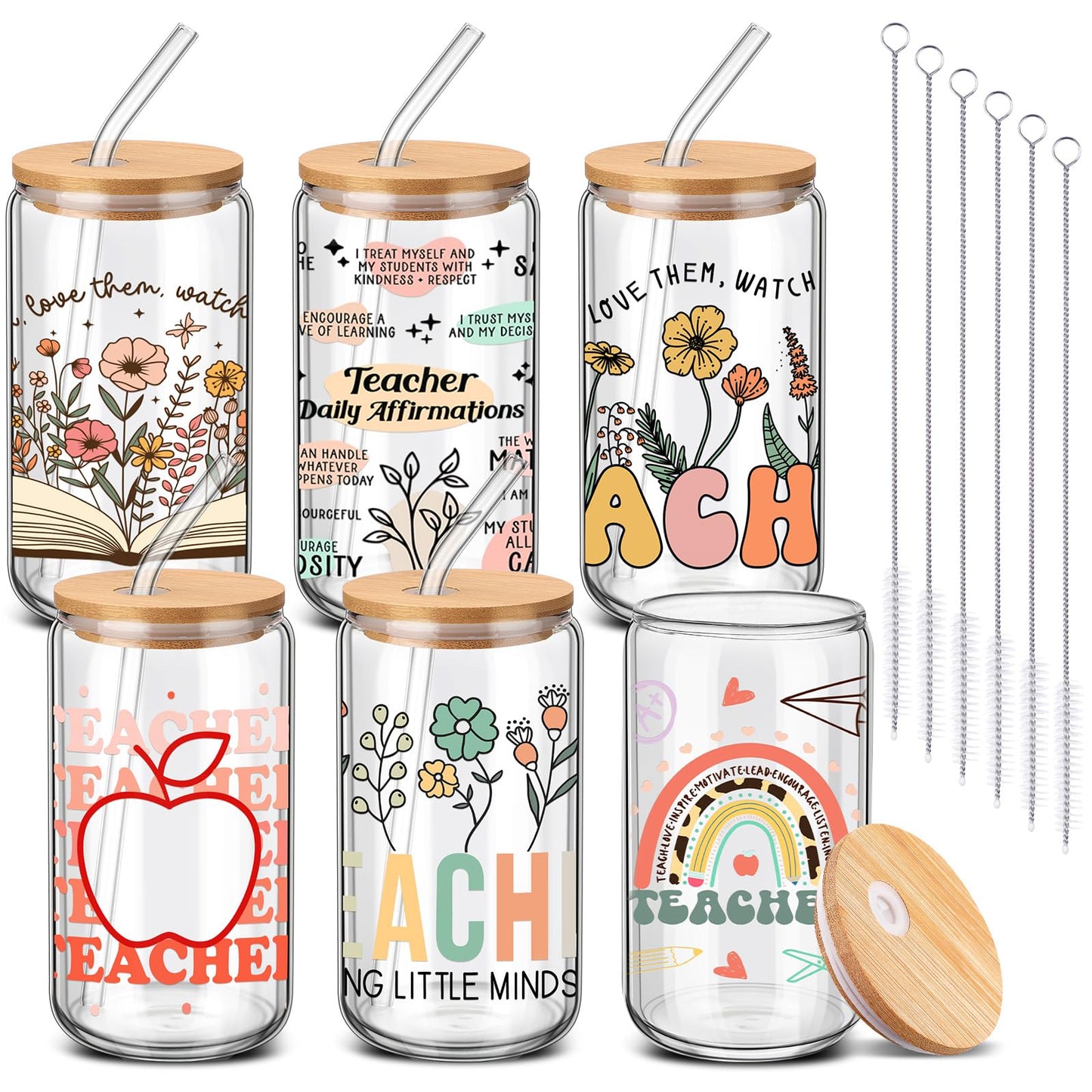 RimCereal 6 Pcs Teacher Appreciation Gifts 2026 Bulk 16 oz Floral Teacher Glass Cups with Lid and Straw Iced Coffee Tumbler Thank You Gifts for Kindergarten Preschool Retirement Graduation Educator