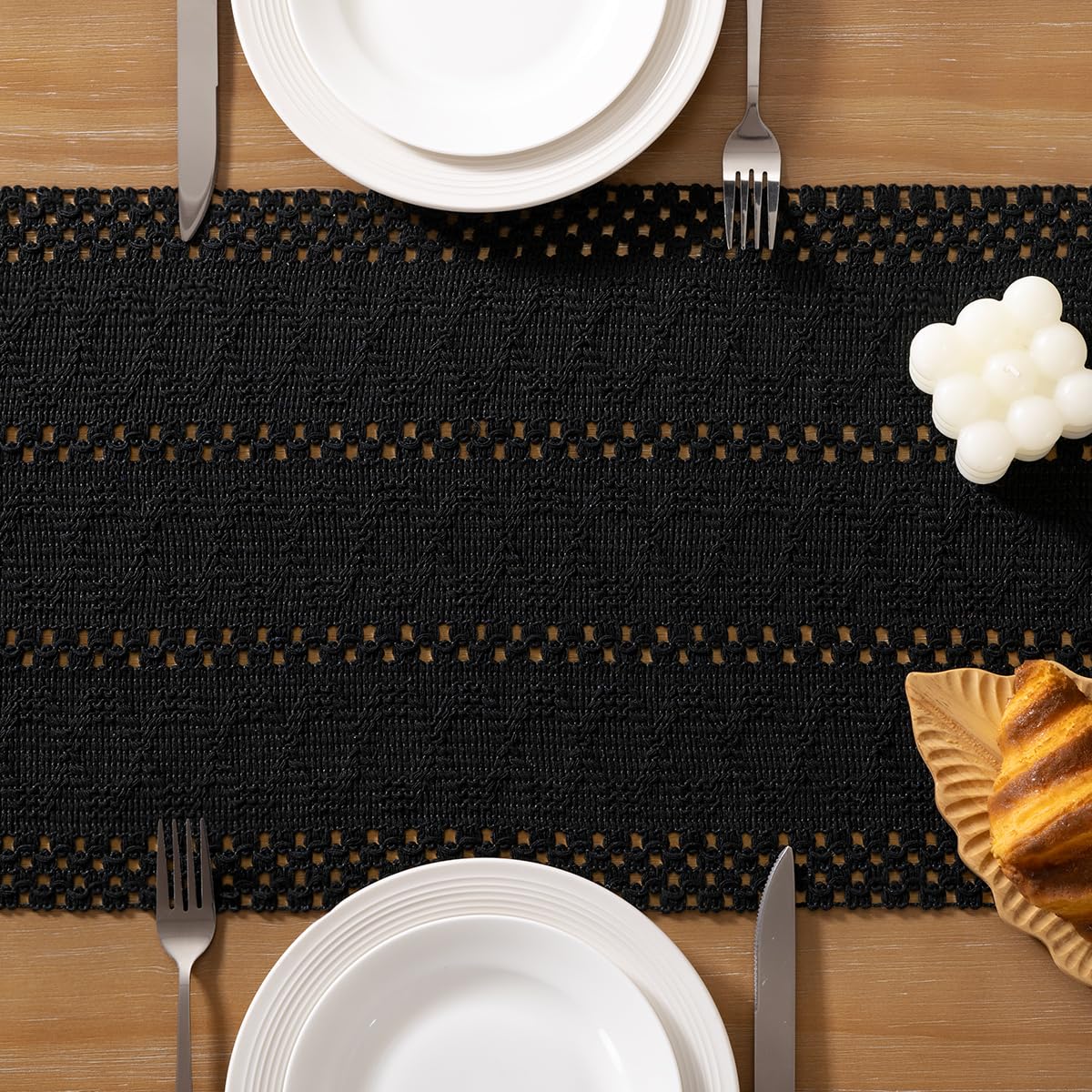 Socomi Boho Table Runner Easter Spring Farmhouse Rustic Dining Kitchen Centerpiece Decor Small Macrame Woven Cotton Linen Coffee Table Runner for Dresser Scarf Home Decor 12x48 inch Black