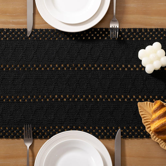 Socomi Boho Table Runner Macrame Long Summer Farmhouse Woven Cotton Linen Rustic Coffee Table Runner with Tassels for Dresser Scarf Home Decor Dining Room 12x108 inch Black