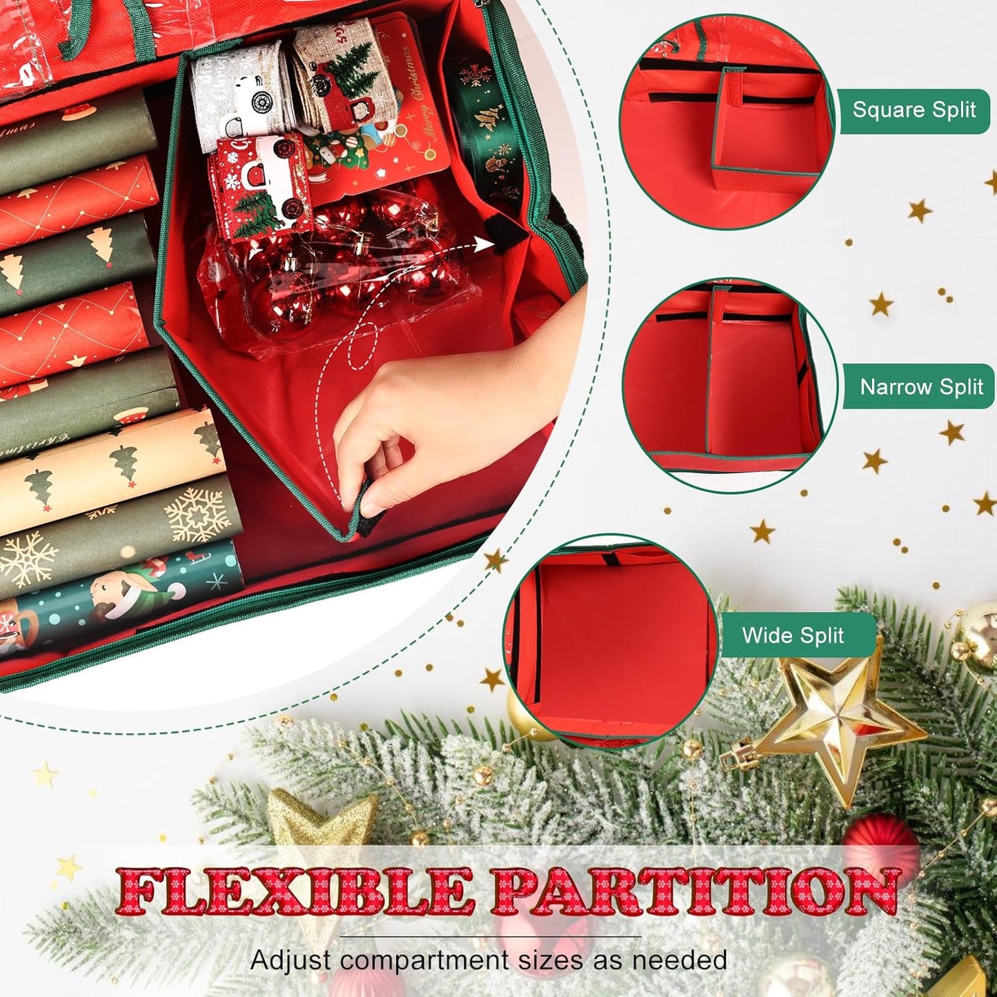 Skiennix Gift Wrap Organizer - Sturdy 600D Oxford Fabric Christmas Wrapping Paper Storage Bag | Large Red Capacity