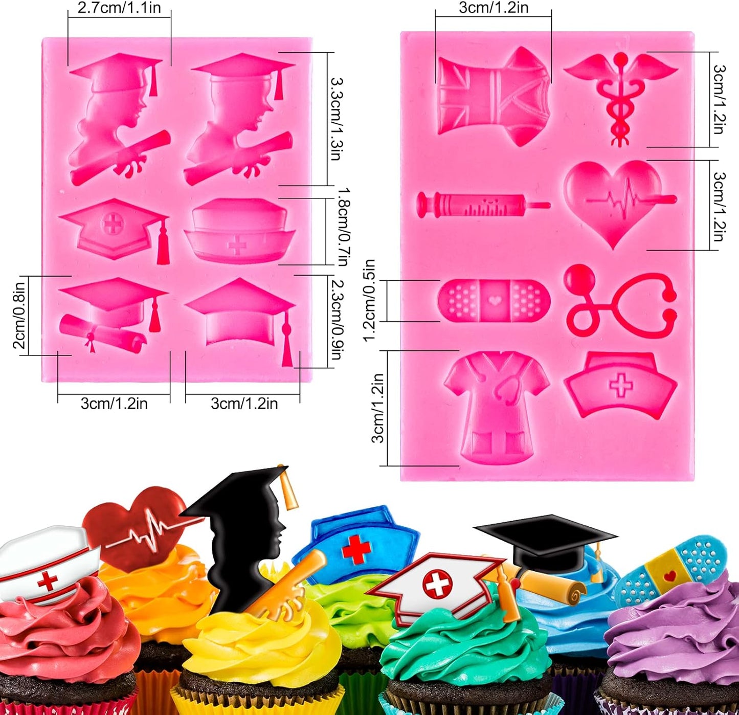 Whaline Silicone Fondant Molds - Nurse Graduation Themed Doctor Hat & Medical Equipment | 2 Pack for Cake Toppers