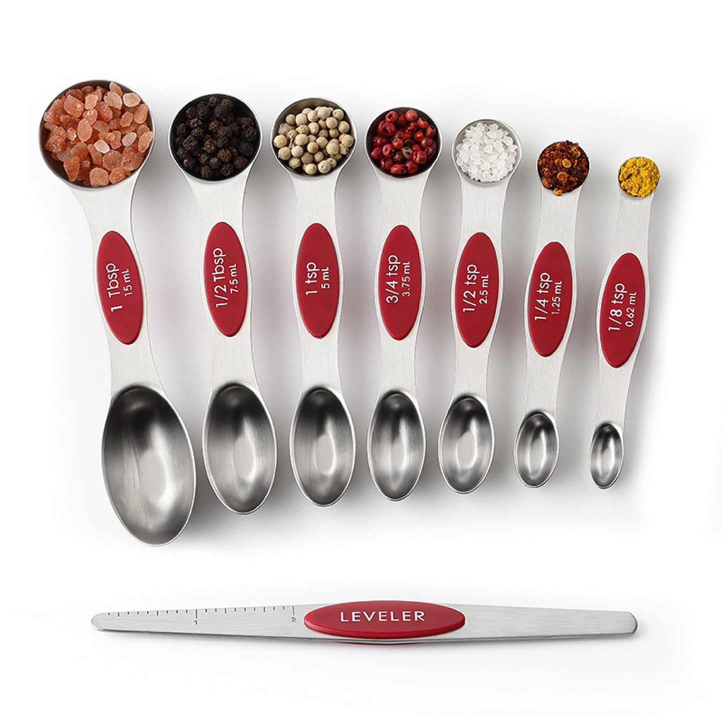 Spring Chef Red Stainless Steel Magnetic Measuring Spoons Set of 8 with Leveler, Dual Sided Nesting Teaspoon & Tablespoon Measuring Spoons, Kitchen Gadgets for Baking & Cooking, Fits in Spice Jars