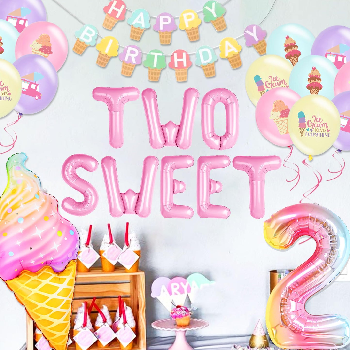 Two Sweet Birthday Party Supplies Decorations 2th Birthday Decorations Ice Cream Party Decoration Number 2 Balloon for Donut Sweet Party Supplies Baby Showers Party Decoration