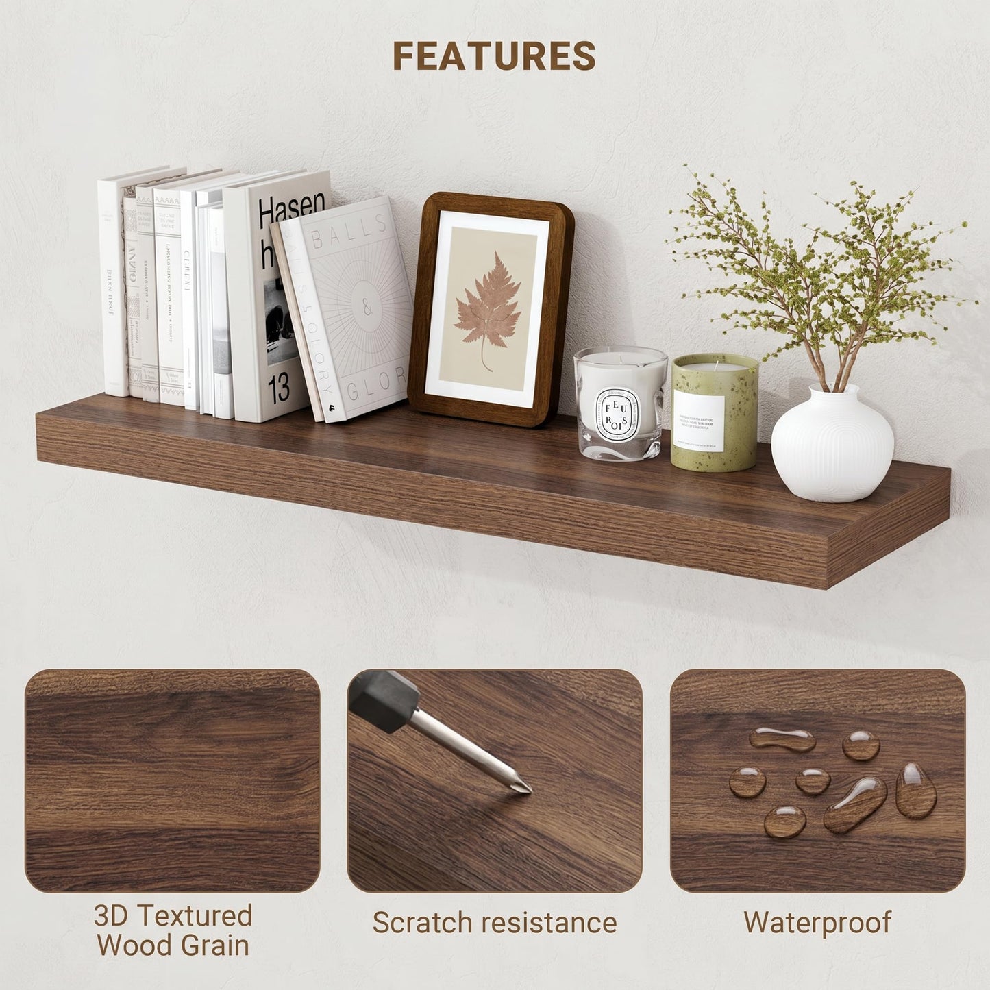 Acovy 24 Inch Floating Shelves, 24"x9.25"x1.5" Inch Deep Floating Shelves for Wall, Wooden Shelves for Bathroom, Bedroom, Living Room, Walnut, 2 Pieces