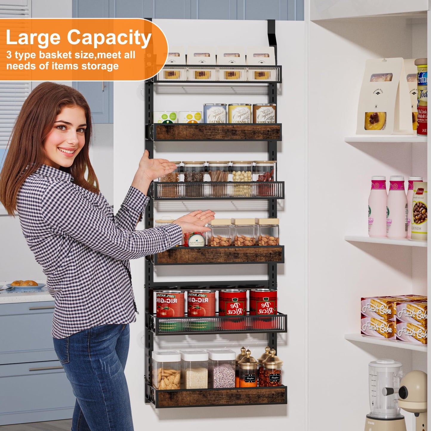 6 Tier Pantry Door Organizer Spice Rack, 2-IN-1 Wall Mount or Hanging Over Door Seasoning Organizer with Adjustable Baskets, Heavy Duty Behind Door Storage Shelves for Pantry, Cabinet and Kitchen