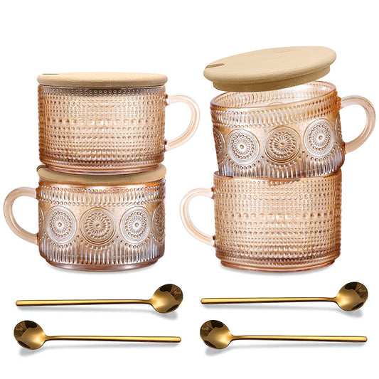 JVJRFQ Amber Vintage Glass Coffee Mugs gifts for women, 14 Oz Set of 4 Embossed Glassware Tea Cups for Breakfast, Cappuccino, Latte, Yogurt, Christmas Mothers Day Gifts Coffee Bar Accessories