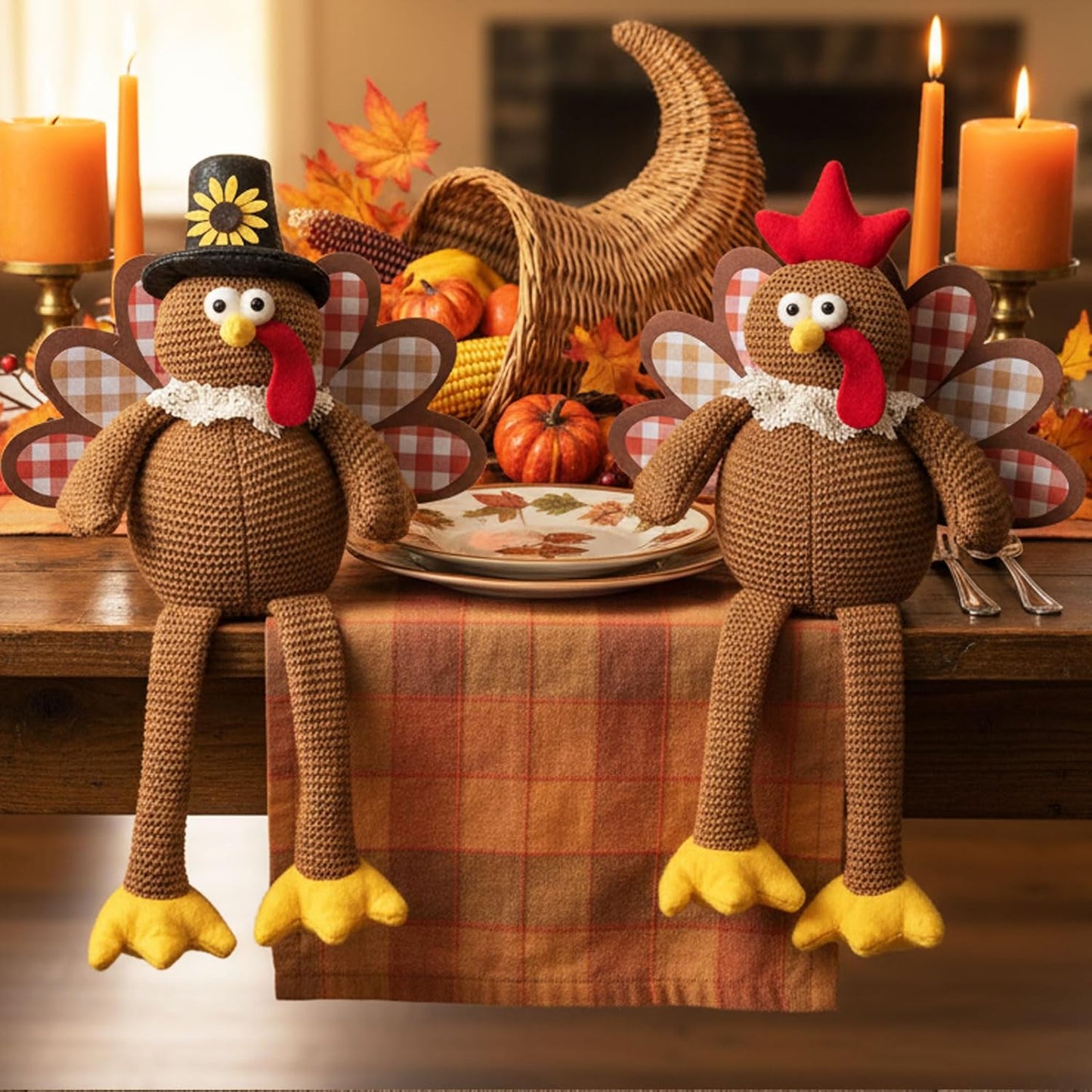 Skiennix Christmas Decorations - Set of 2 Turkey Plush Dolls with Dangling Legs | Fall Harvest Home Decor (Brown)