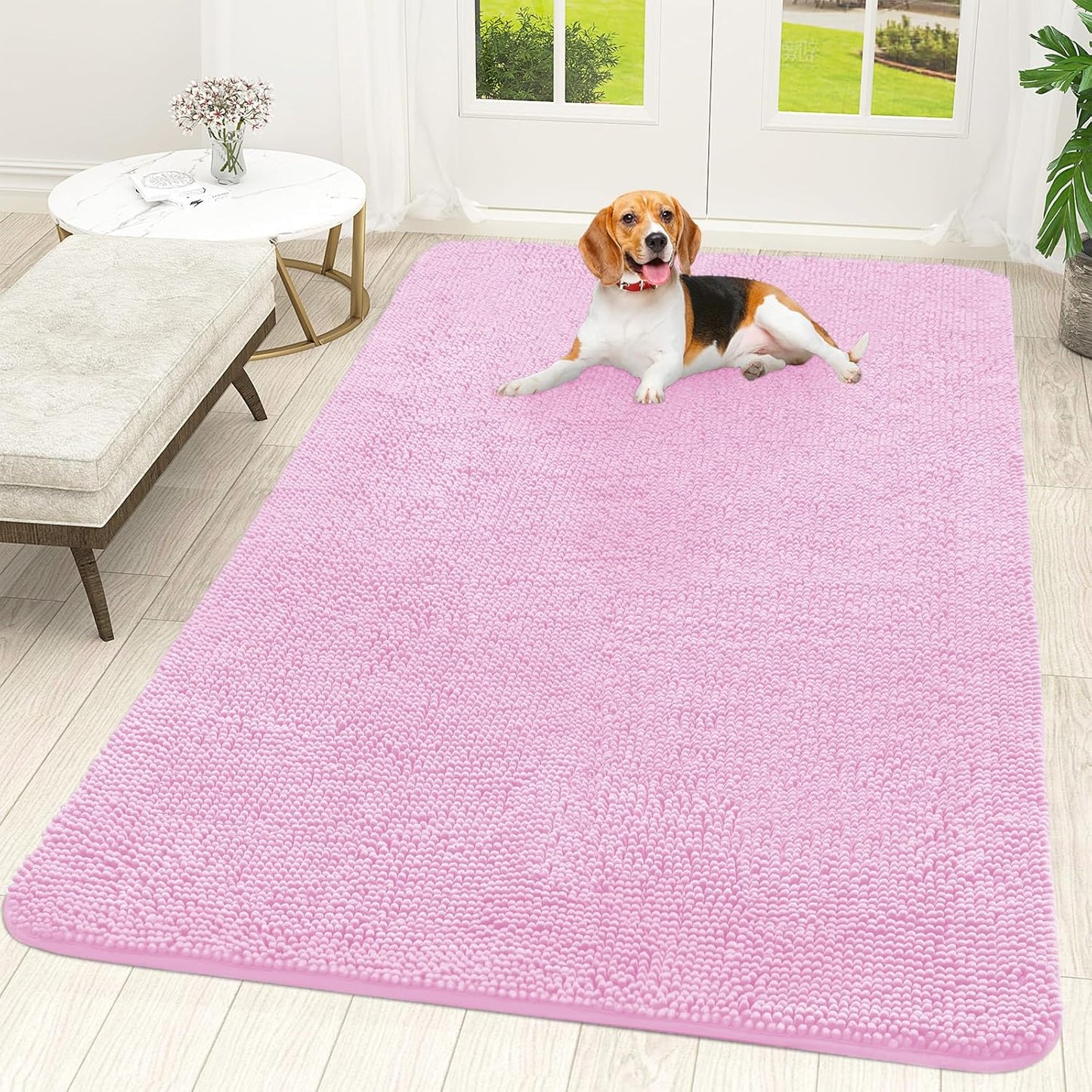 OLANLY Dog Door Mat - Absorbent Non-Slip Chenille Mat for Muddy Paws | 70x46, Quick Dry, Pink