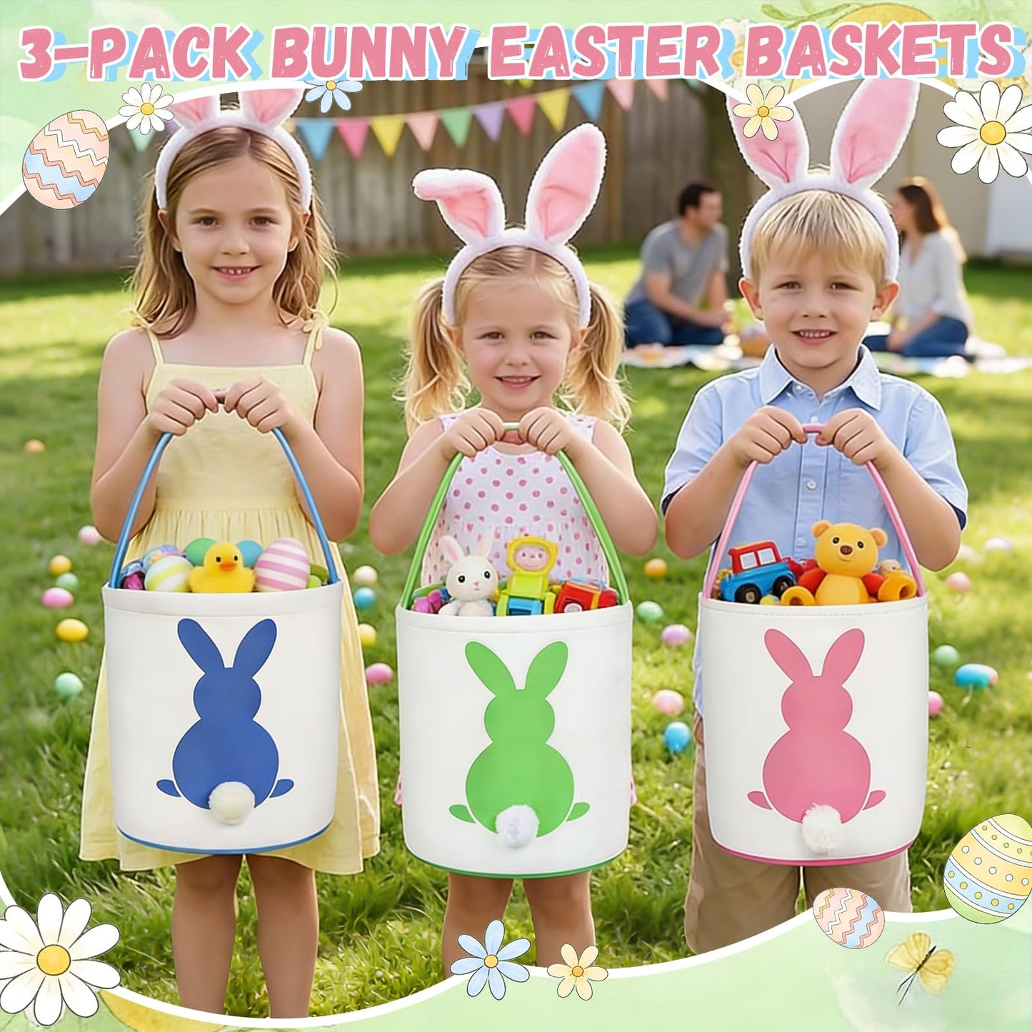 3 PCS Easter Eggs Hunt Basket for Kids Canvas Bunny Basket Egg Bags Rabbit Fluffy Tails Party Celebrate Decoration Gift Toys Carry Bucket Tote