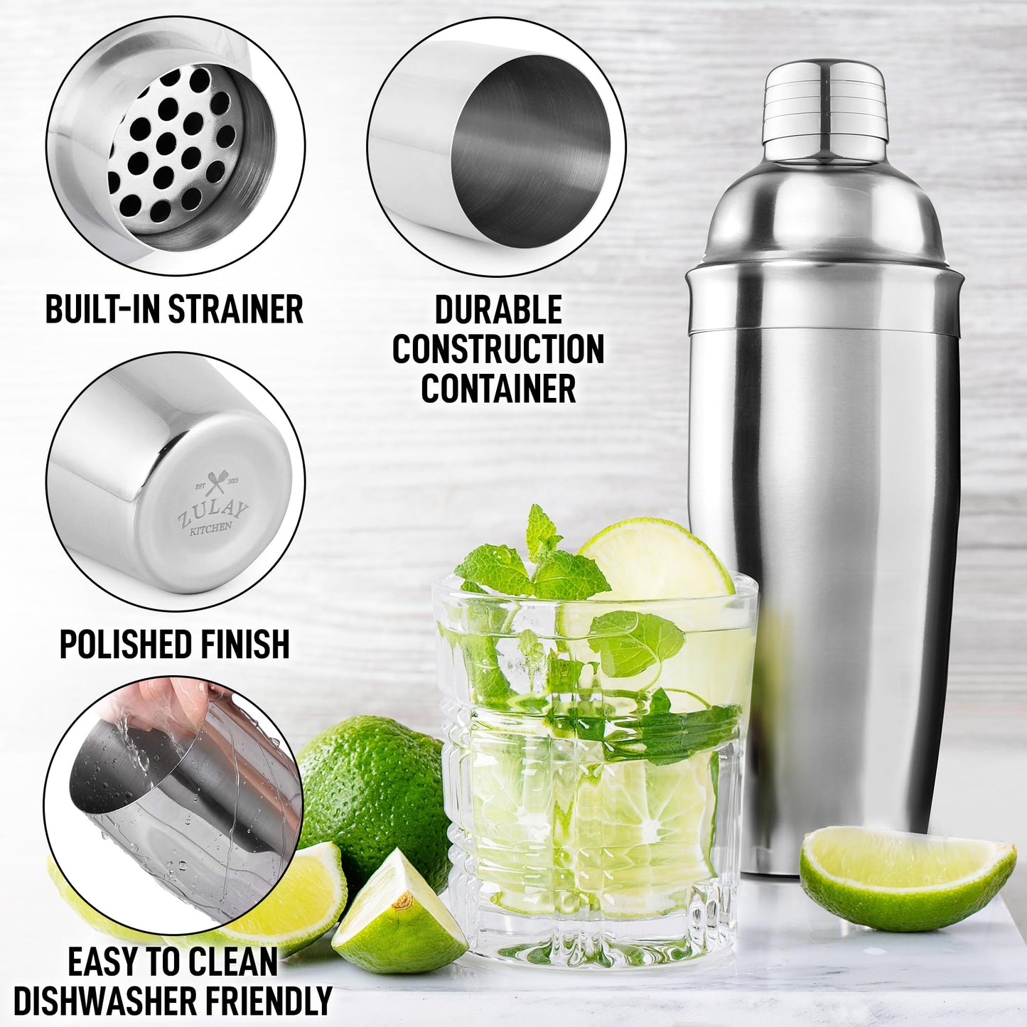 Zulay Cocktail Shaker (24oz) 18/8 Stainless Steel Martini Shaker with Built-in Strainer - Professional Grade Drink Shaker and Strainer for Bartending & Homebars (Silver)
