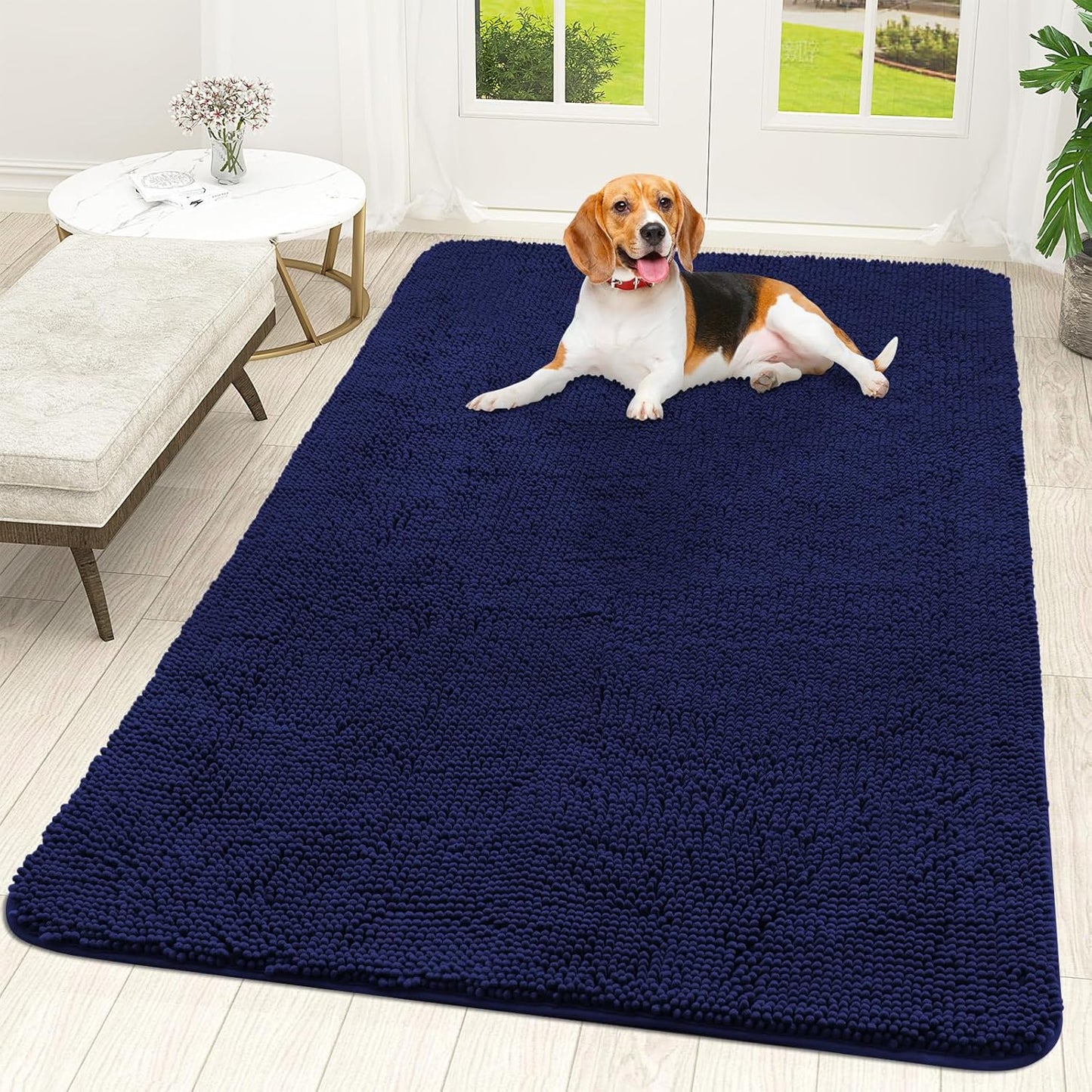 OLANLY Dog Door Mat - Absorbent Non-Slip Chenille Mat for Muddy Paws | 70x46, Navy Blue