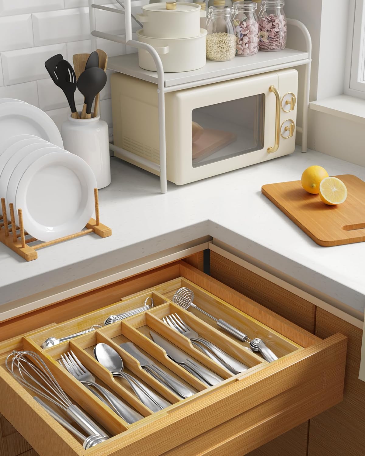 Kitsure Silverware Organizer - Expandable Bamboo Drawer Storage for Utensils & Cutlery | Large Natural Design