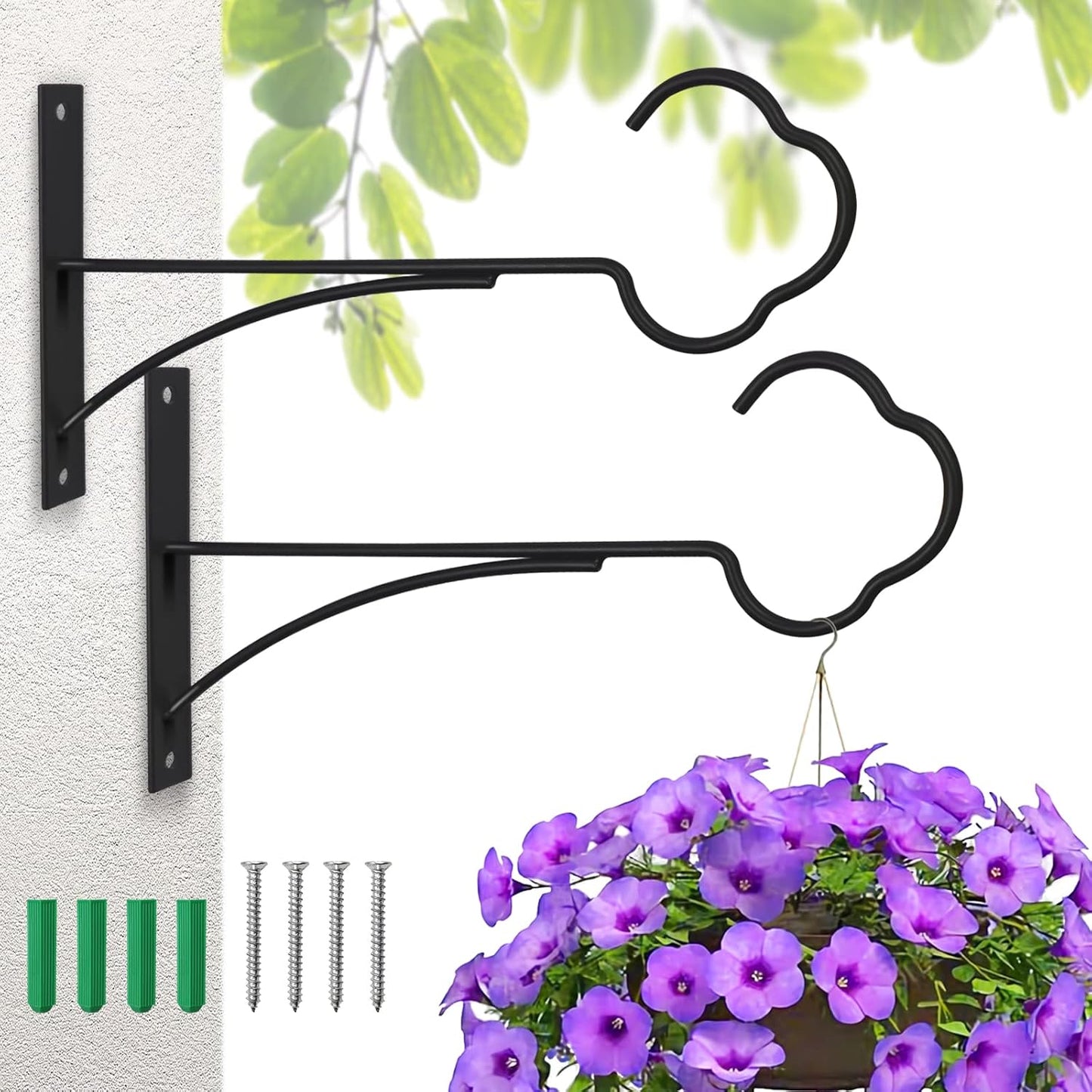 SNAIL GARDEN Hanging Plant Bracket - 2-Pack Metal Plant Hooks for Outdoor Baskets | Black Iron Design