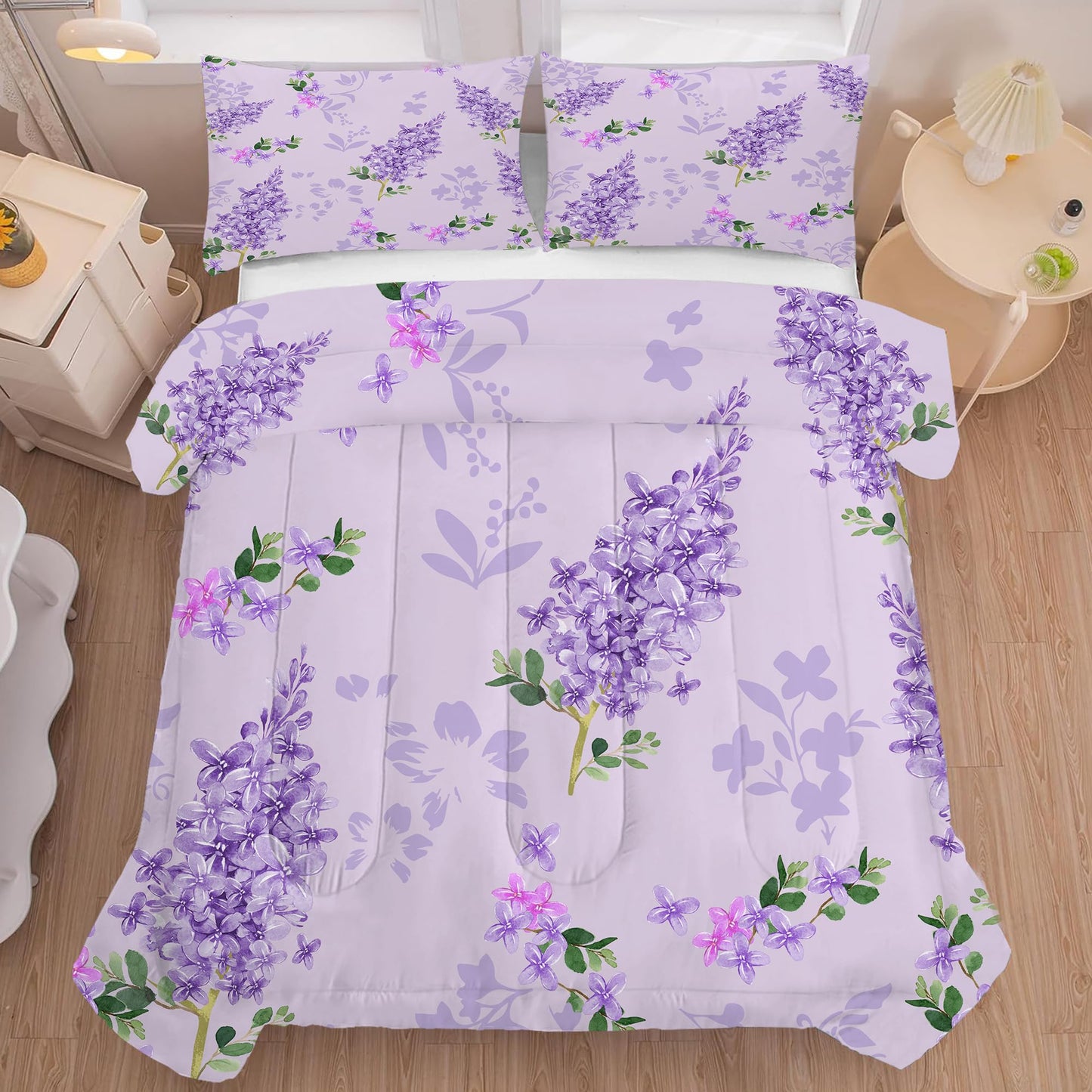 FUYEUN Floral Bedding Set King: Purple Lilac Flower Comforter for Girls Women Kids Teens Bedroom Bed Bedspread Quilt,1 Comforter + 2 Pillow Cases